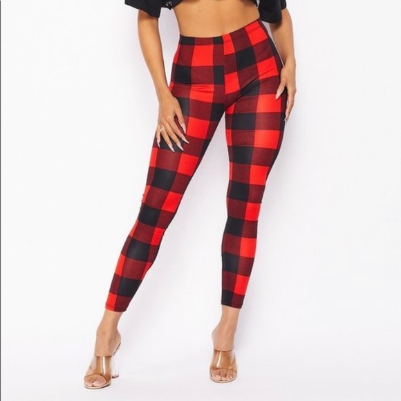 NEW FALL TRENDY RED BLACK PLAID FLANNEL THICK LEGGINGS - Picture 3 of 14